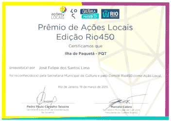 Certificado de reconhecimento como Ação Local pela Prefeitura do Rio